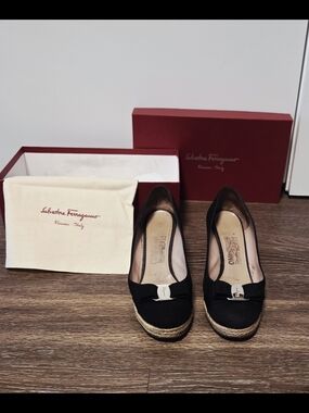 Salvatore Ferragamo Women’s Black Linen "Darly" Espadrille Wedge.